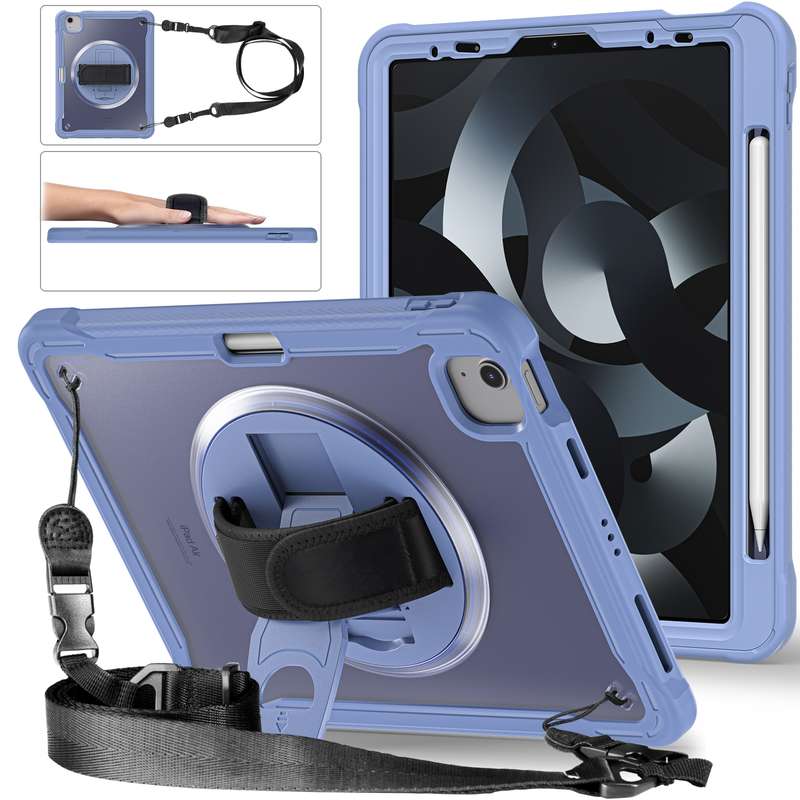 For iPad Air 2022 10.9 / Pro 11 2022 Heavy Duty Hybrid Tablet Case with Hand Grip & Strap(Khaki)