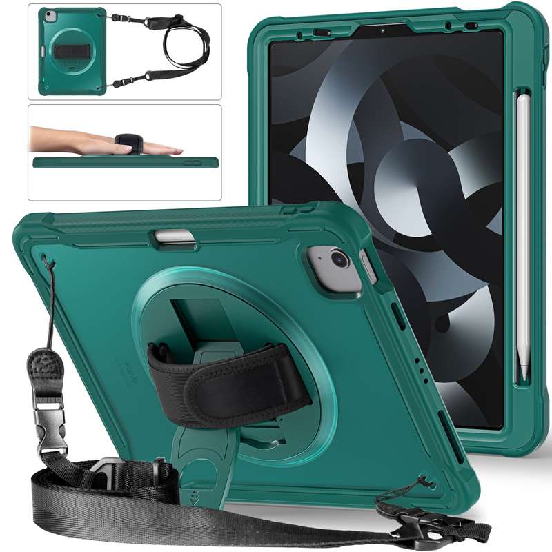 For iPad Air 2022 10.9 / Pro 11 2022 Heavy Duty Hybrid Tablet Case with Hand Grip & Strap(Khaki)