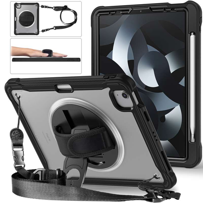 For iPad Air 2022 10.9 / Pro 11 2022 Heavy Duty Hybrid Tablet Case with Hand Grip & Strap(Khaki)