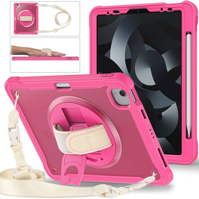 For iPad Air 2022 10.9 / Pro 11 2022 Heavy Duty Hybrid Tablet Case with Hand Grip & Strap(Khaki)
