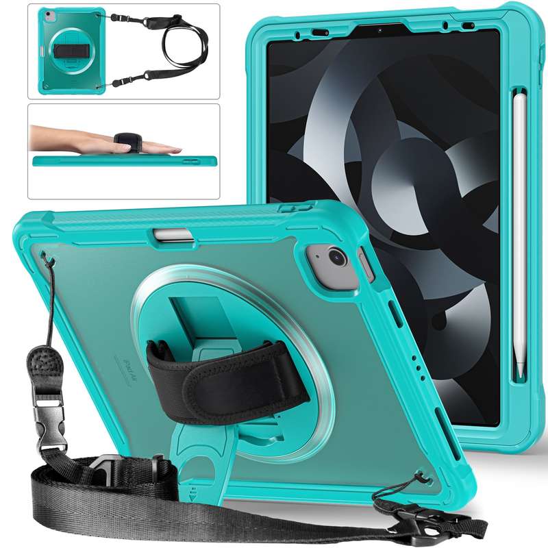 For iPad Air 2022 10.9 / Pro 11 2022 Heavy Duty Hybrid Tablet Case with Hand Grip & Strap(Khaki)