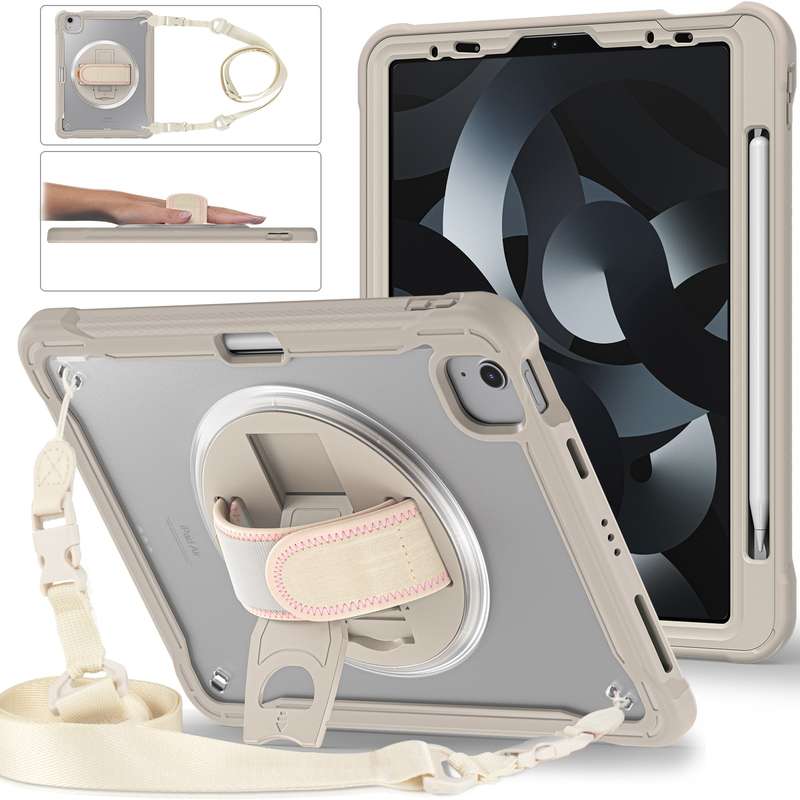 For iPad Air 2022 10.9 / Pro 11 2022 Heavy Duty Hybrid Tablet Case with Hand Grip & Strap(Khaki)
