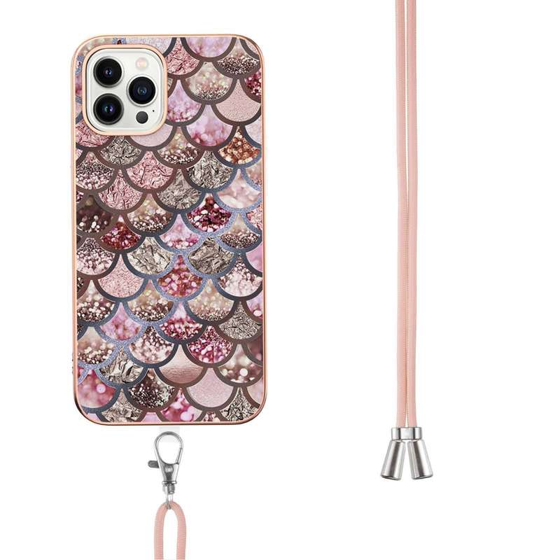 For iPhone 15 Pro Max Electroplating Pattern IMD TPU Shockproof Case with Neck Lanyard(Pink Scales)