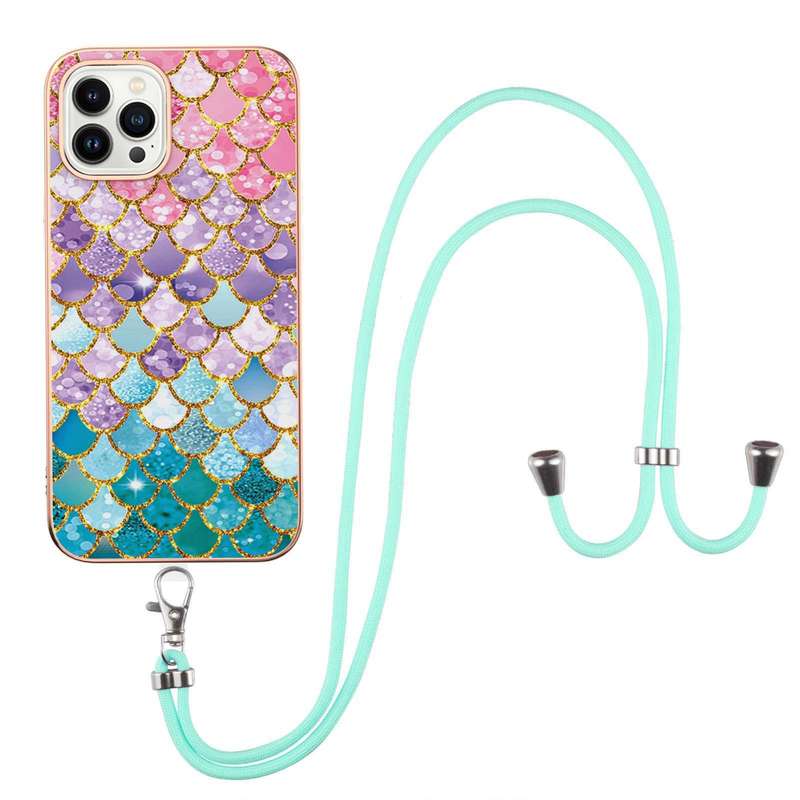 For iPhone 15 Pro Max Electroplating Pattern IMD TPU Shockproof Case with Neck Lanyard(Pink Scales)