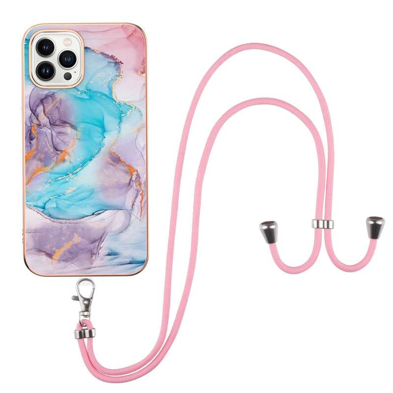 For iPhone 15 Pro Max Electroplating Pattern IMD TPU Shockproof Case with Neck Lanyard(Pink Scales)