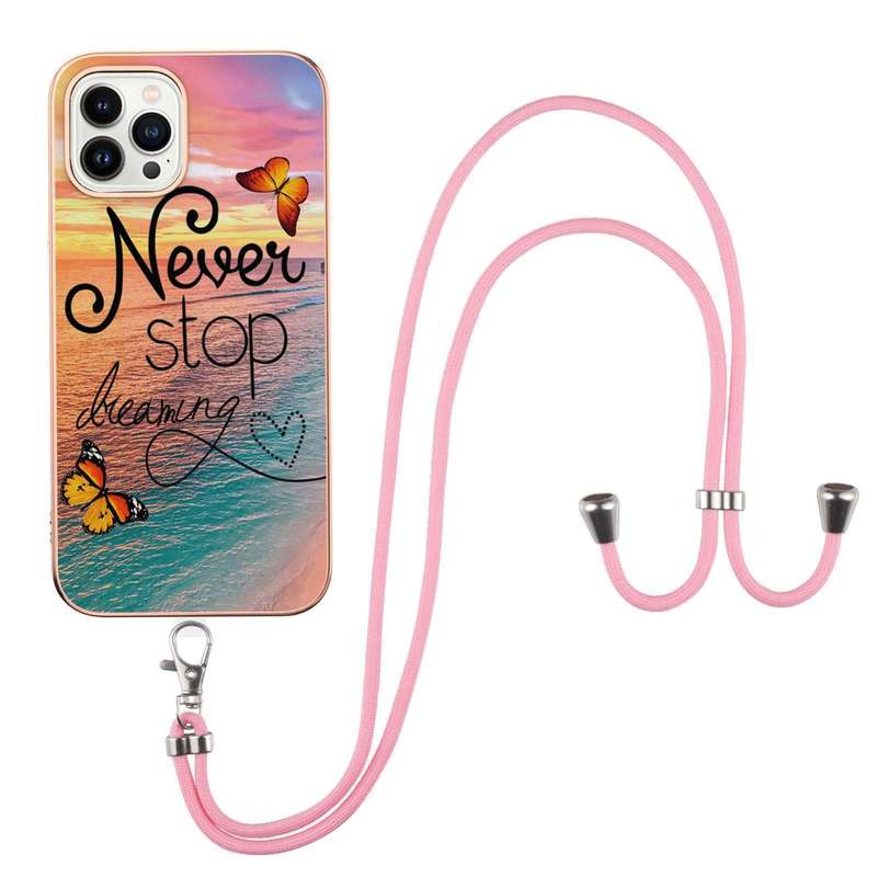 For iPhone 15 Pro Max Electroplating Pattern IMD TPU Shockproof Case with Neck Lanyard(Pink Scales)