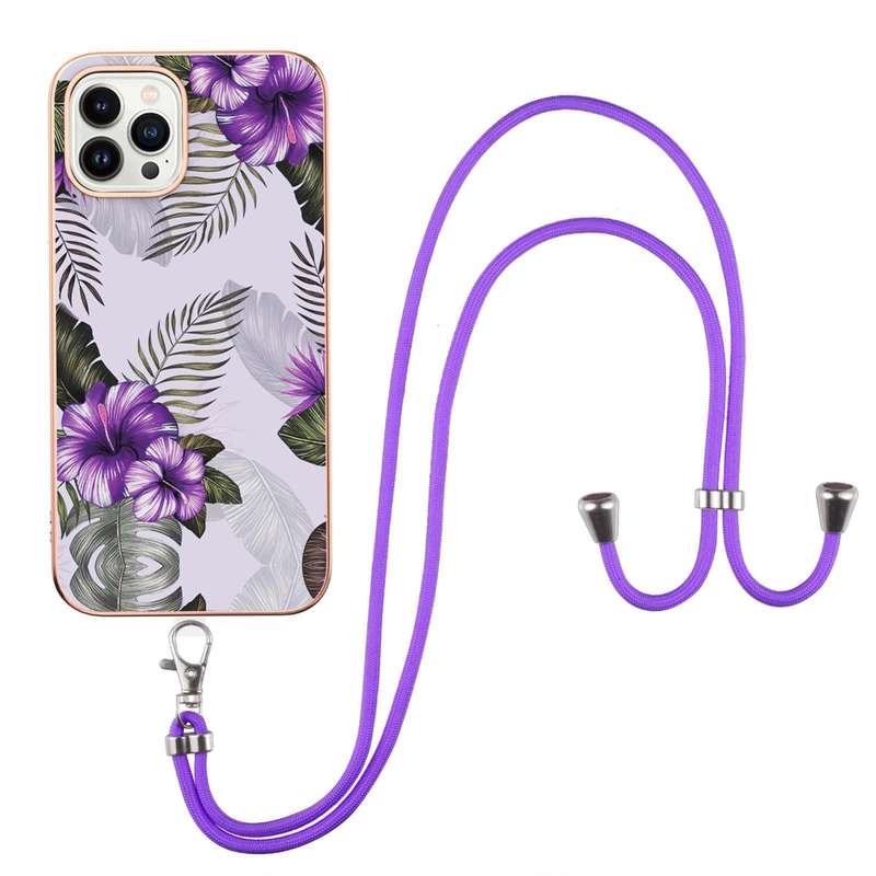 For iPhone 15 Pro Max Electroplating Pattern IMD TPU Shockproof Case with Neck Lanyard(Pink Scales)