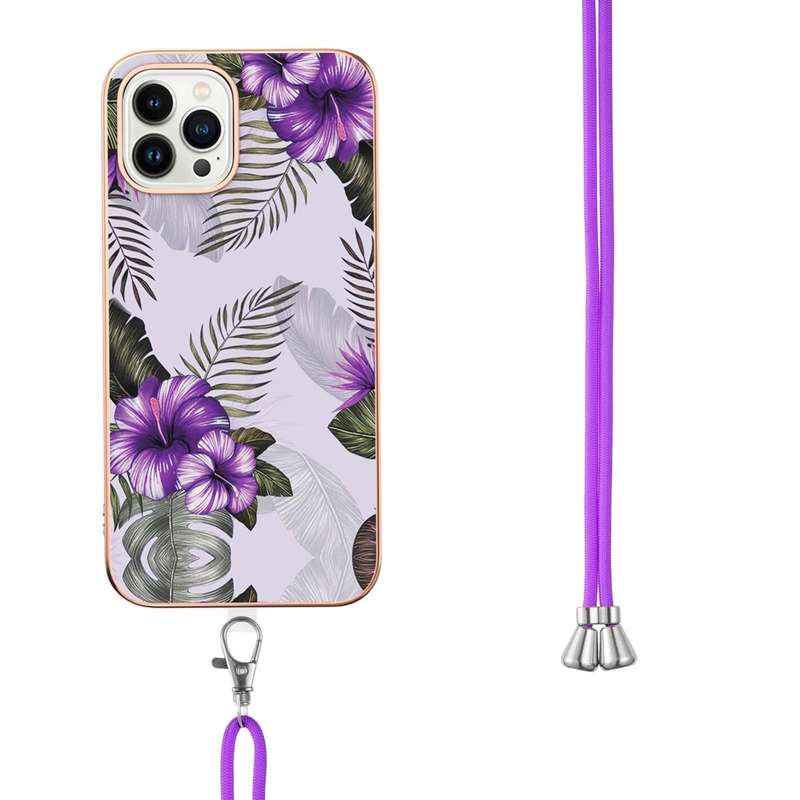 For iPhone 15 Pro Max Electroplating Pattern IMD TPU Shockproof Case with Neck Lanyard(Pink Scales)