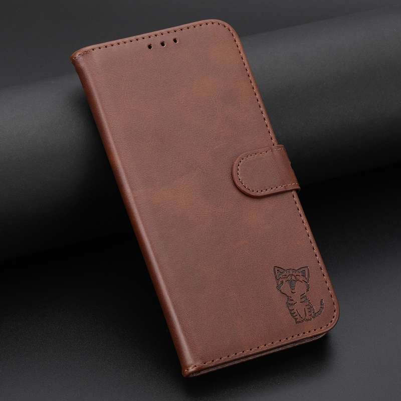 For iPhone SE 2024 Embossed Happy Cat Pattern Flip Leather Phone Case(Brown)