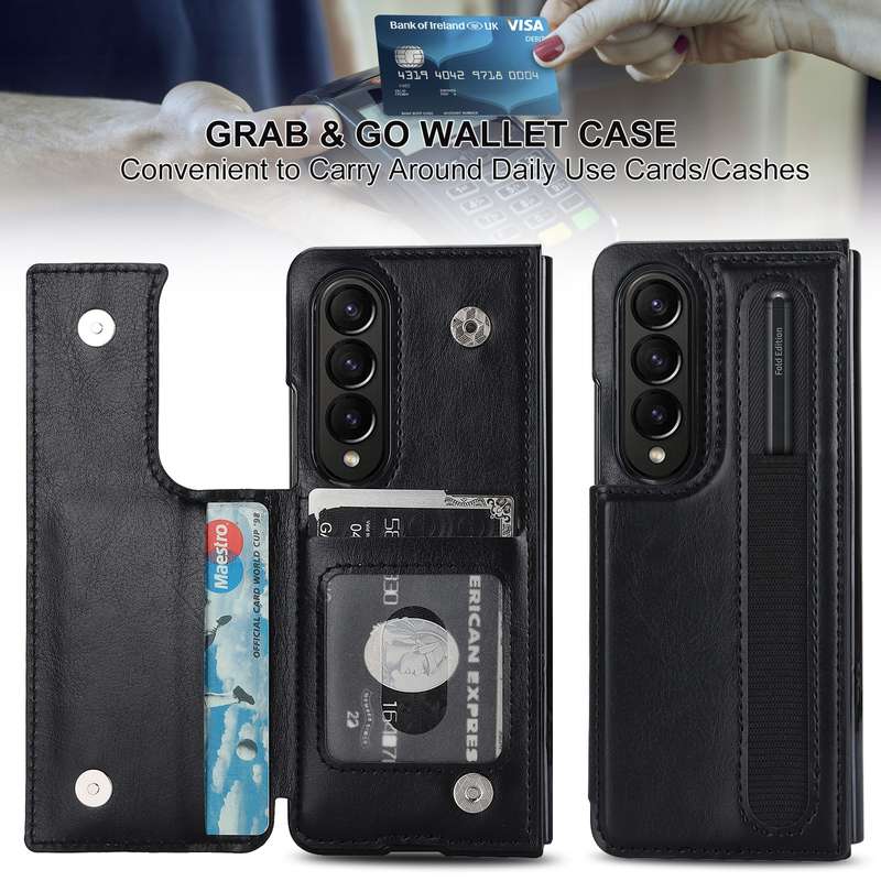 For Samsung Galaxy Z Fold3 Full Coverage Fold Double Buckle PU Phone Case with Pen Slots(Brown)