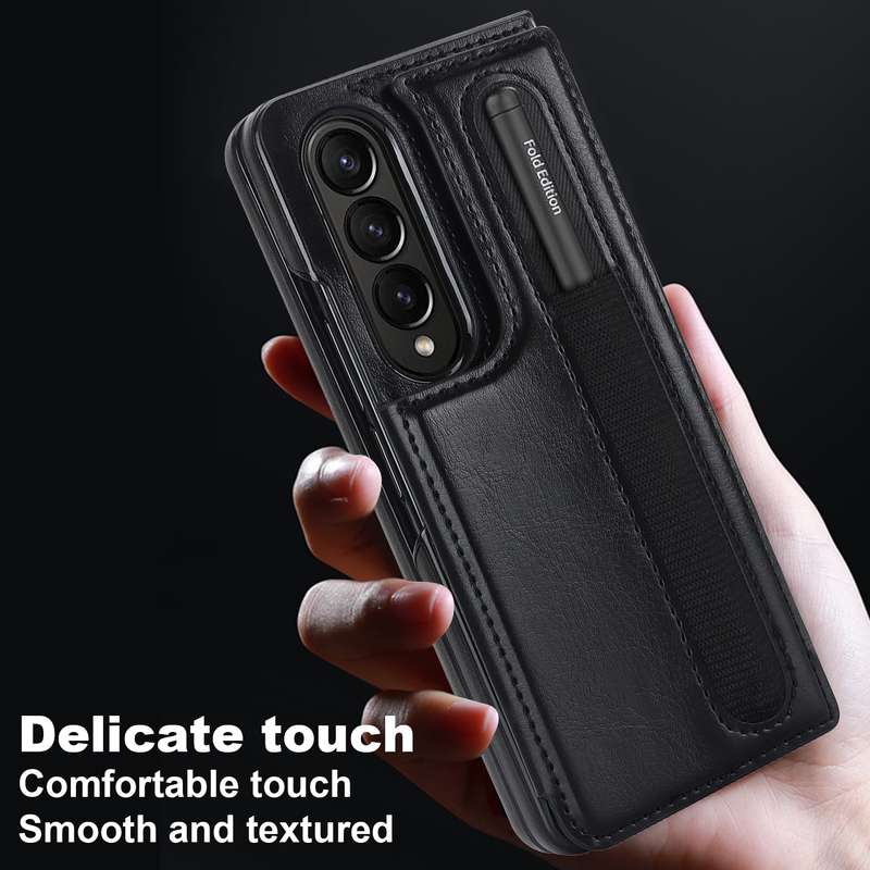 For Samsung Galaxy Z Fold3 Full Coverage Fold Double Buckle PU Phone Case with Pen Slots(Brown)