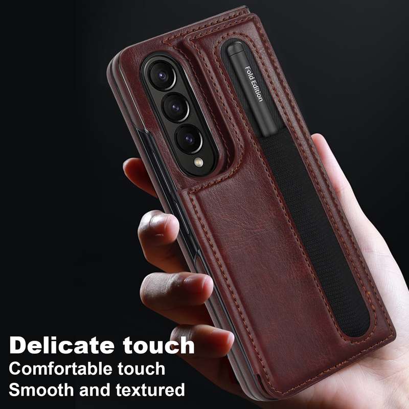 For Samsung Galaxy Z Fold3 Full Coverage Fold Double Buckle PU Phone Case with Pen Slots(Brown)