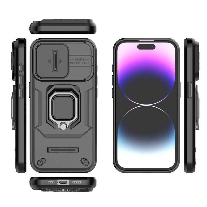 For iPhone 15 Pro Sliding Camshield TPU + PC Shockproof Phone Case with Holder(Black)