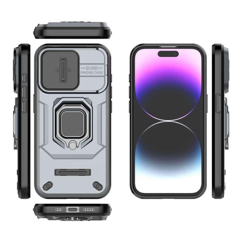For iPhone 15 Pro Sliding Camshield TPU + PC Shockproof Phone Case with Holder(Black)