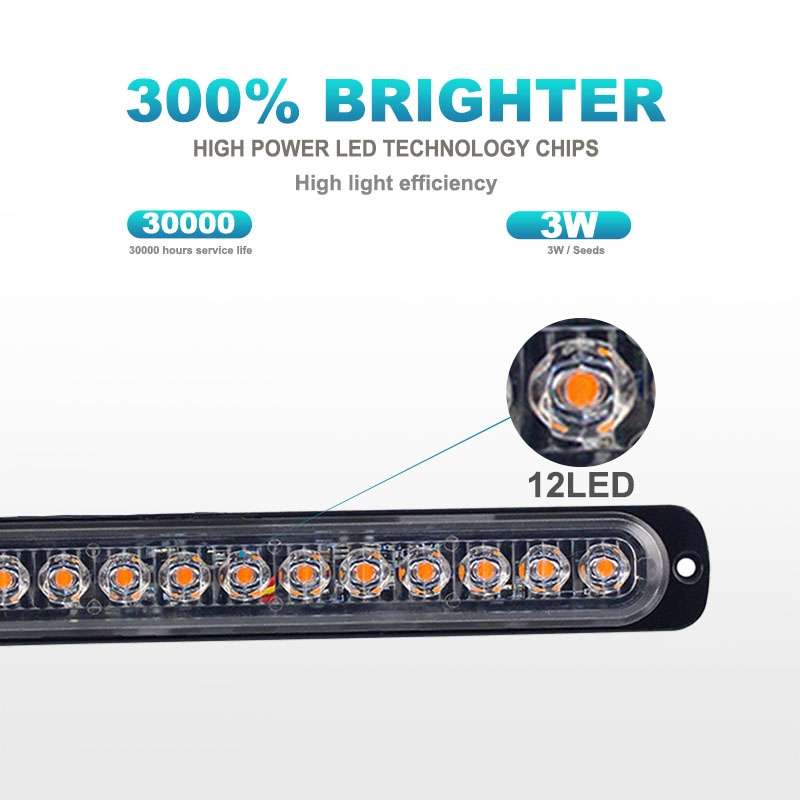 DC12V-24V / 36W Car Truck Emergency Strobe Flash Warning Light 12LEDs Long Ultra-thin Side Lights(Ye
