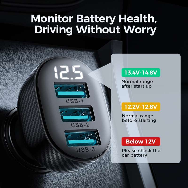 JOYROOM JR-CCD03 3.4A 3 x USB Ports Digital Display Car Charger(Black)