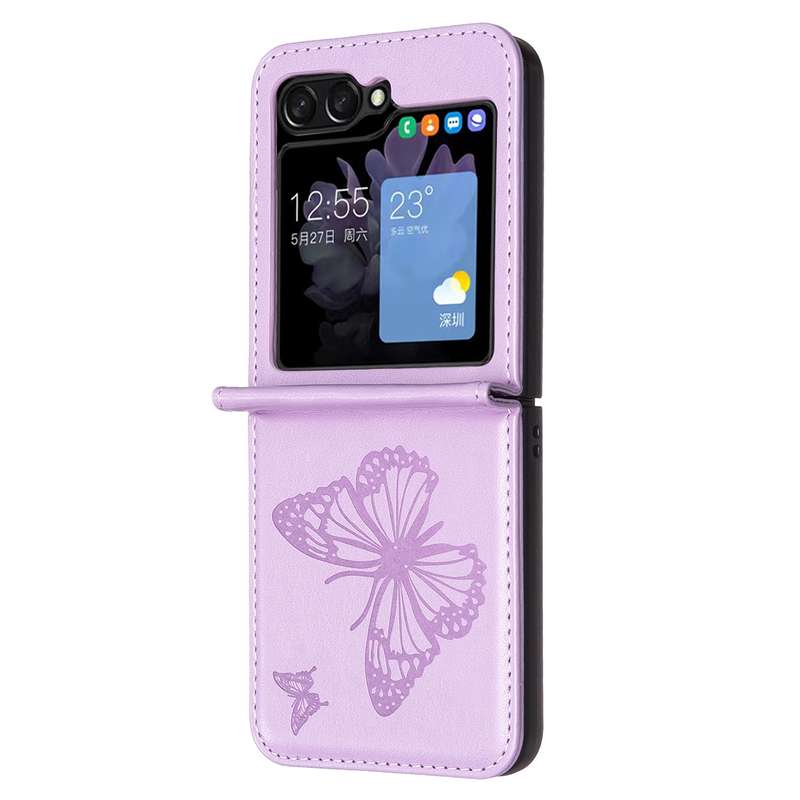 For Samsung Galaxy Z Flip6 Embossing Two Butterflies Leather Phone Case(Purple)