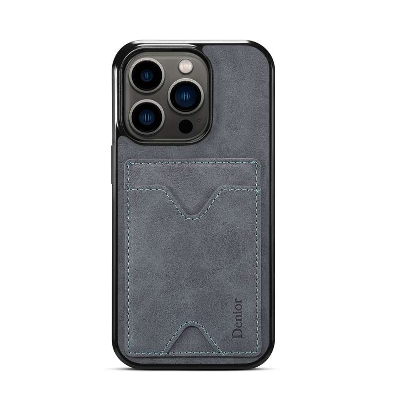 For iPhone 15 Pro Max Denior PU Back Cover Card Slot Holder Phone Case(Grey)