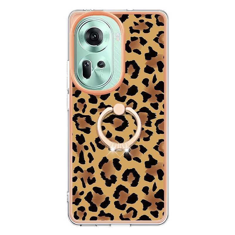 For OPPO Reno11 5G Global Electroplating Dual-side IMD Phone Case with Ring Holder(Leopard Prin