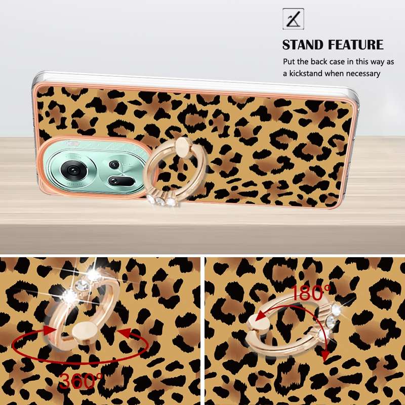 For OPPO Reno11 5G Global Electroplating Dual-side IMD Phone Case with Ring Holder(Leopard Prin