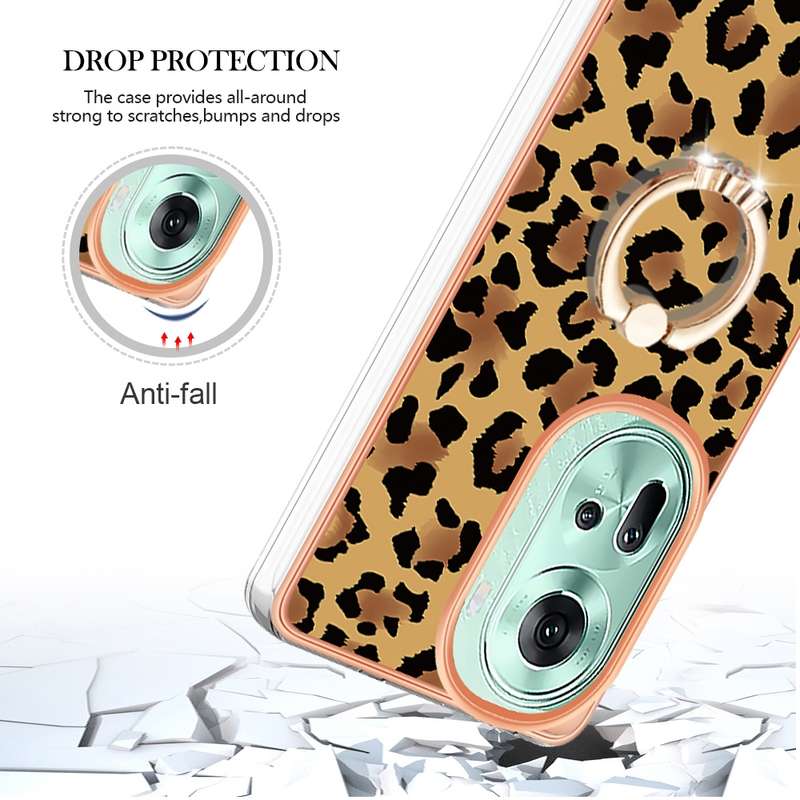 For OPPO Reno11 5G Global Electroplating Dual-side IMD Phone Case with Ring Holder(Leopard Prin