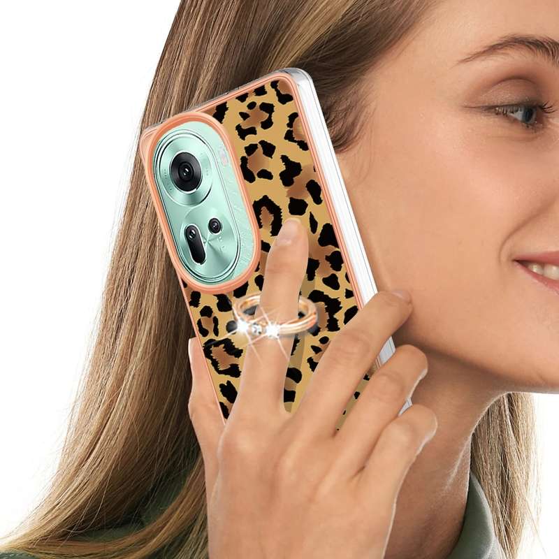 For OPPO Reno11 5G Global Electroplating Dual-side IMD Phone Case with Ring Holder(Leopard Prin