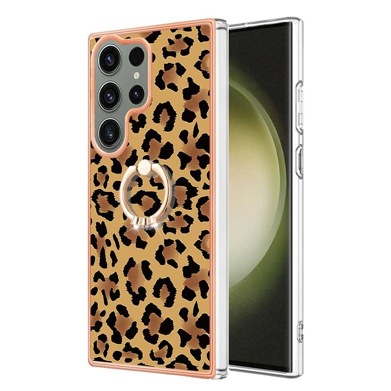 For Samsung Galaxy S23 Ultra 5G Electroplating Dual-side IMD Phone Case with Ring Holder(Leopard Pri