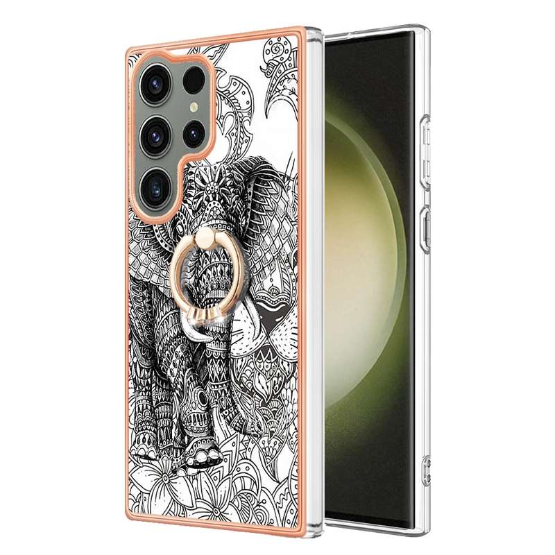 For Samsung Galaxy S23 Ultra 5G Electroplating Dual-side IMD Phone Case with Ring Holder(Leopard Pri
