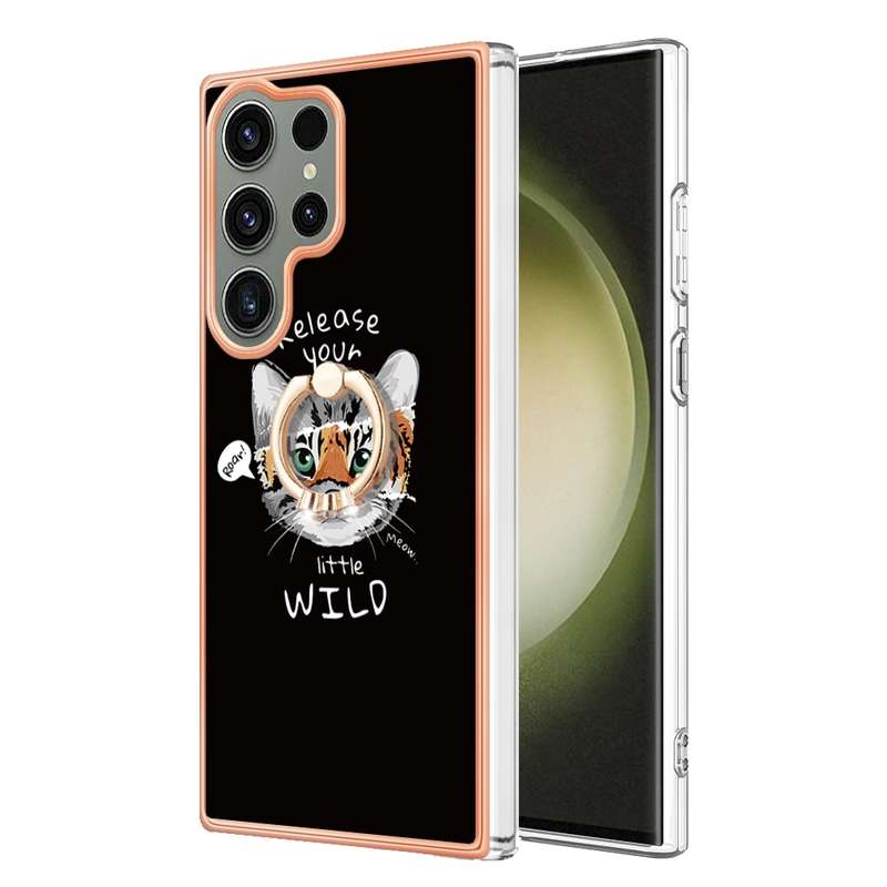 For Samsung Galaxy S23 Ultra 5G Electroplating Dual-side IMD Phone Case with Ring Holder(Leopard Pri