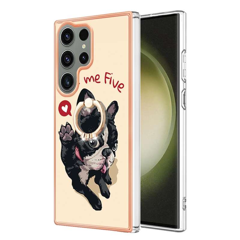 For Samsung Galaxy S23 Ultra 5G Electroplating Dual-side IMD Phone Case with Ring Holder(Leopard Pri