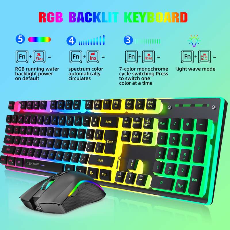HXSJ L96 2.4G Wireless RGB Backlit Keyboard and Mouse Set 104 Pudding Key Caps + 4800DPI Mouse(White