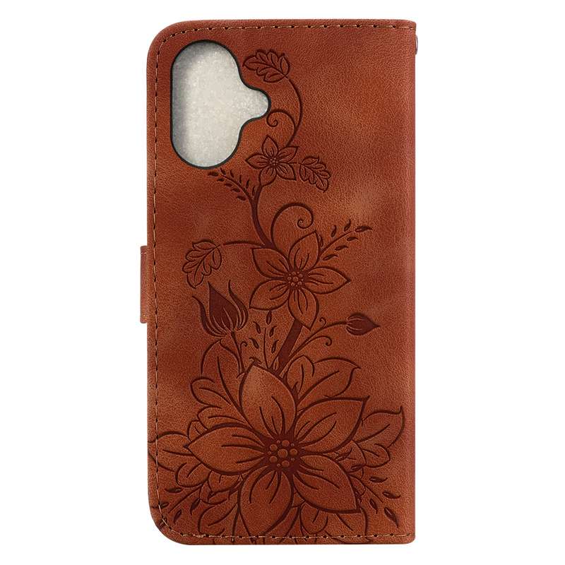 For iPhone 16 Lily Embossed Leather Phone Case(Brown)