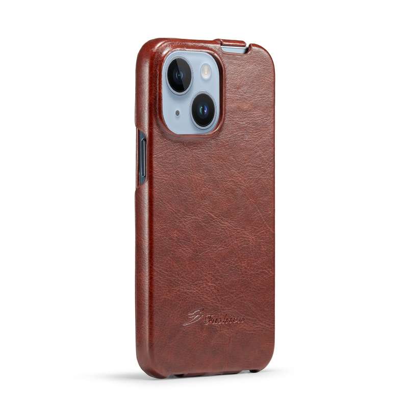 For iPhone 15 Fierre Shann Oil Wax Texture Vertical Flip PU Phone Case(Black)