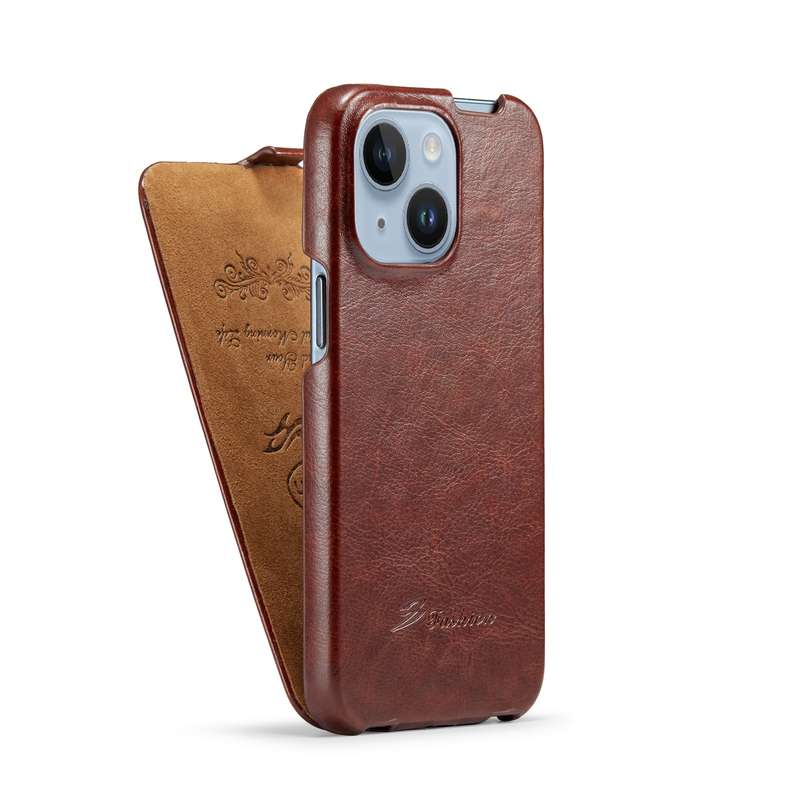 For iPhone 15 Fierre Shann Oil Wax Texture Vertical Flip PU Phone Case(Black)