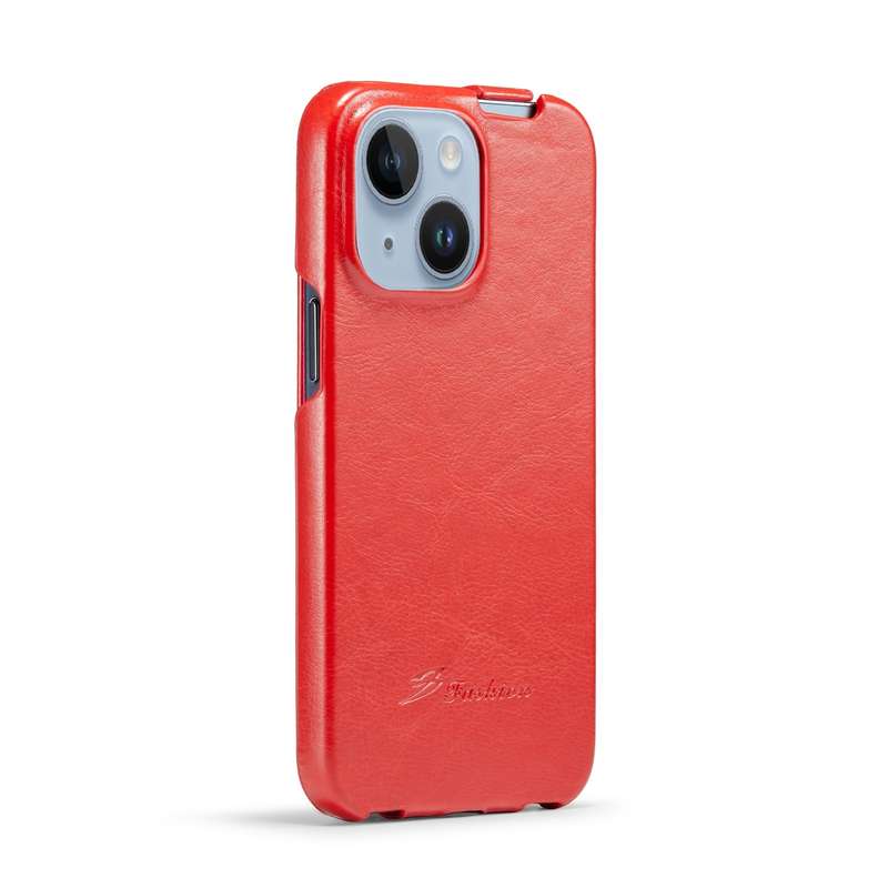 For iPhone 15 Fierre Shann Oil Wax Texture Vertical Flip PU Phone Case(Black)