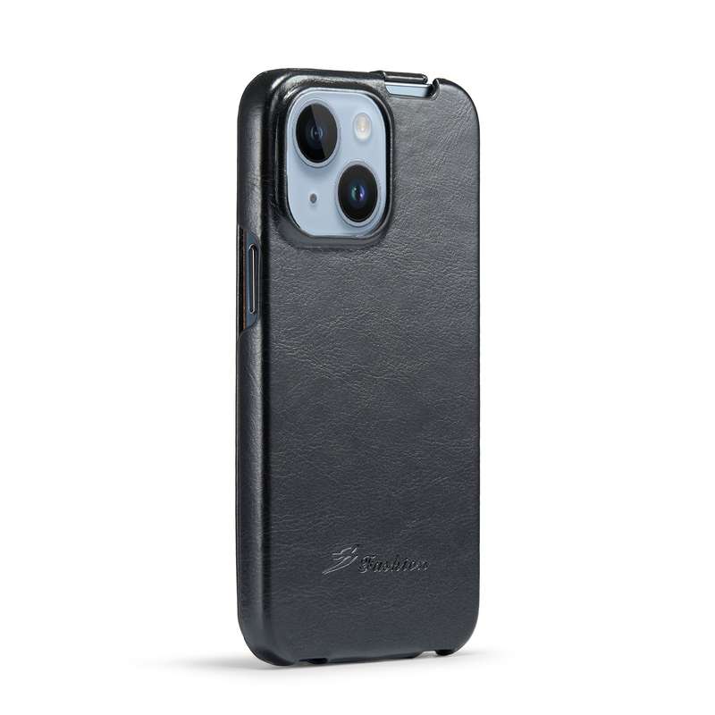 For iPhone 15 Fierre Shann Oil Wax Texture Vertical Flip PU Phone Case(Black)