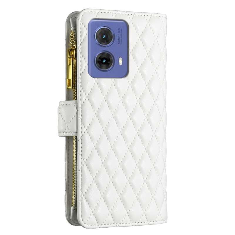 For Motorola Moto G85 Diamond Lattice Zipper Wallet Leather Flip Phone Case(White)
