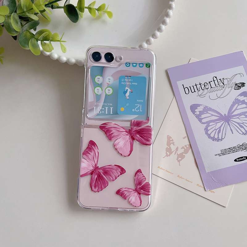 For Samsung Galaxy Z Flip5 Painted Pattern PC Transparent Folding Phone Case(Z57 Pink Butterfly)