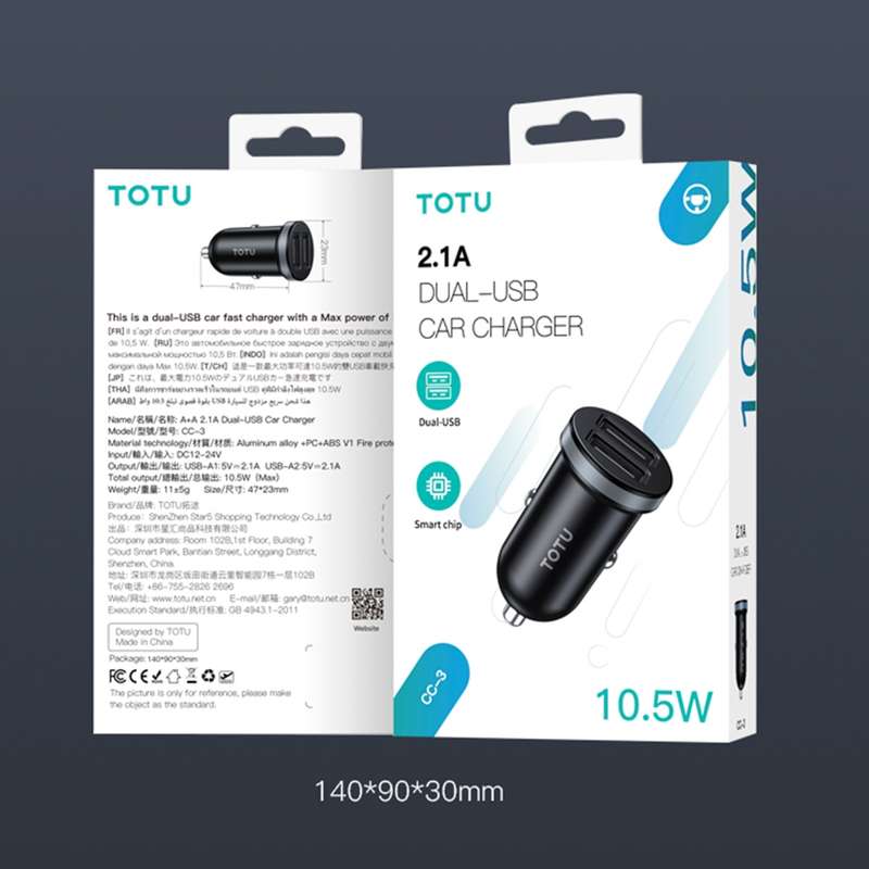 TOTU CC-3 2.1A Dual USB-A Port Car Charger(Grey)