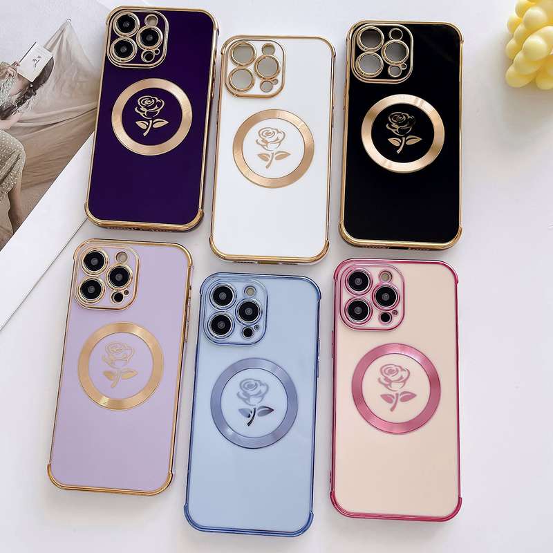 For iPhone 15 Plus Electroplate Side Roses Flower MagSafe Phone Case(Pink)