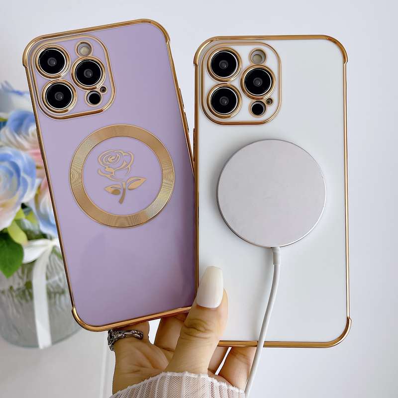 For iPhone 15 Plus Electroplate Side Roses Flower MagSafe Phone Case(Pink)