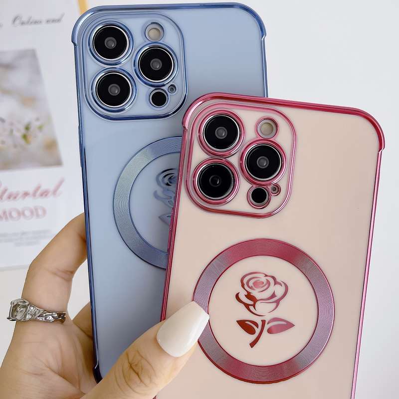 For iPhone 15 Plus Electroplate Side Roses Flower MagSafe Phone Case(Pink)