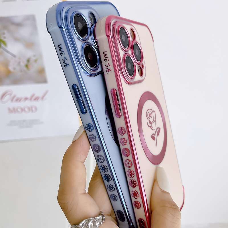 For iPhone 15 Plus Electroplate Side Roses Flower MagSafe Phone Case(Pink)