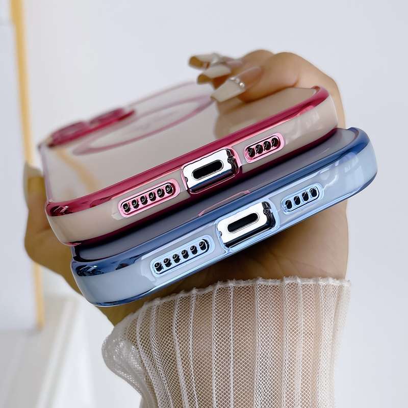 For iPhone 15 Plus Electroplate Side Roses Flower MagSafe Phone Case(Pink)