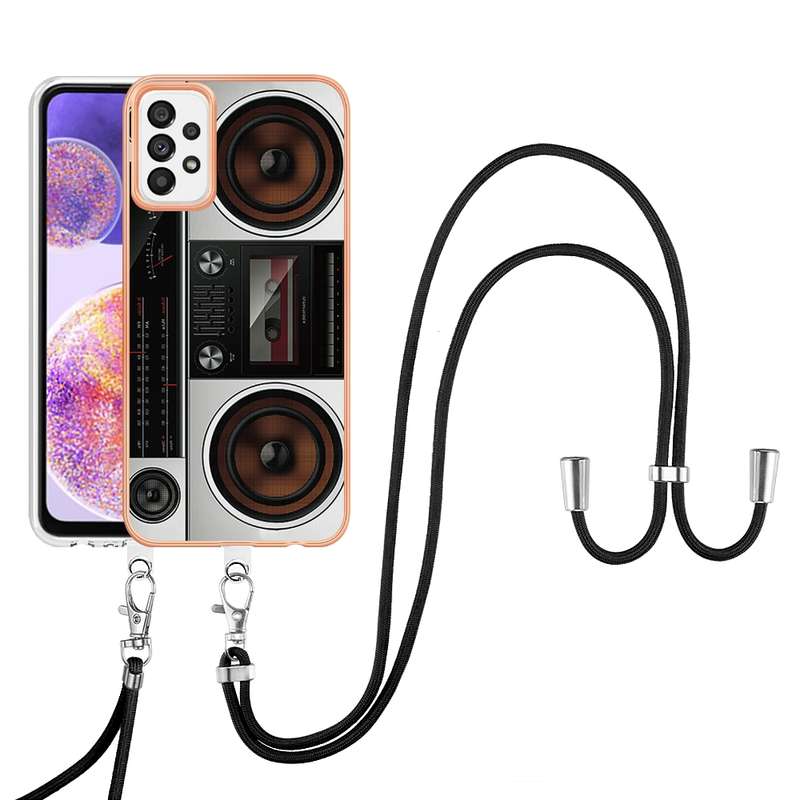 For Samsung Galaxy A73 5G Electroplating Dual-side IMD Phone Case with Lanyard(Retro Radio)