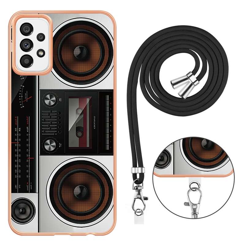For Samsung Galaxy A73 5G Electroplating Dual-side IMD Phone Case with Lanyard(Retro Radio)