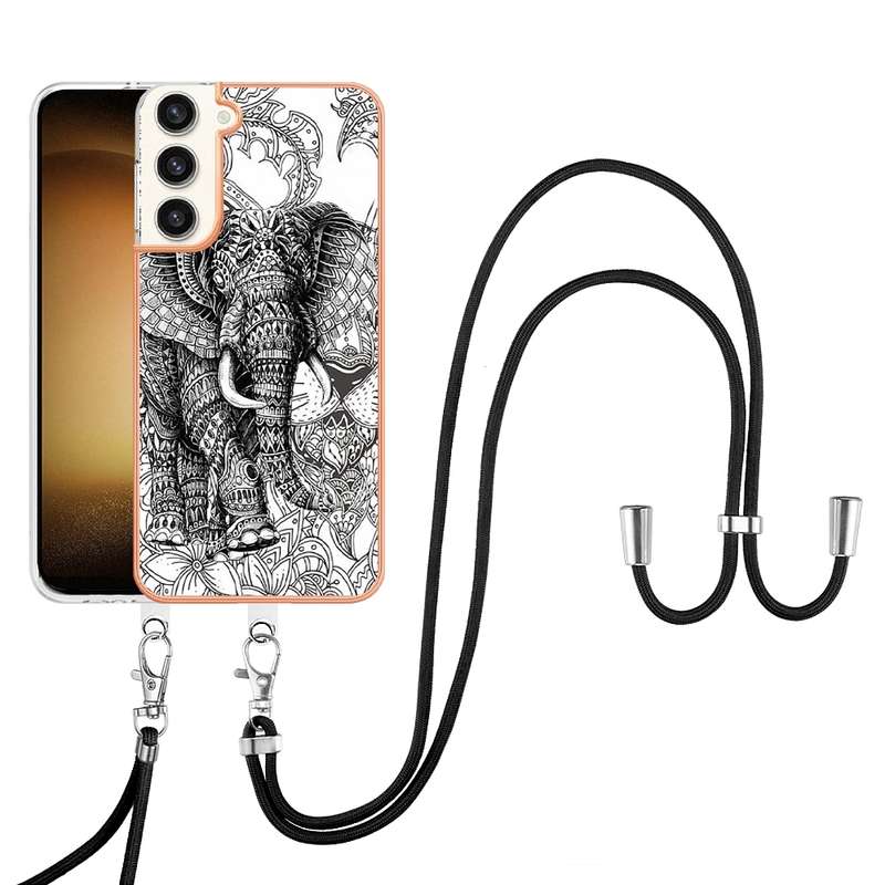 For Samsung Galaxy S23+ 5G Electroplating Dual-side IMD Phone Case with Lanyard(Leopard Print)