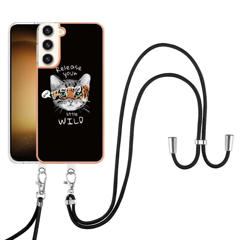 For Samsung Galaxy S23+ 5G Electroplating Dual-side IMD Phone Case with Lanyard(Leopard Print)