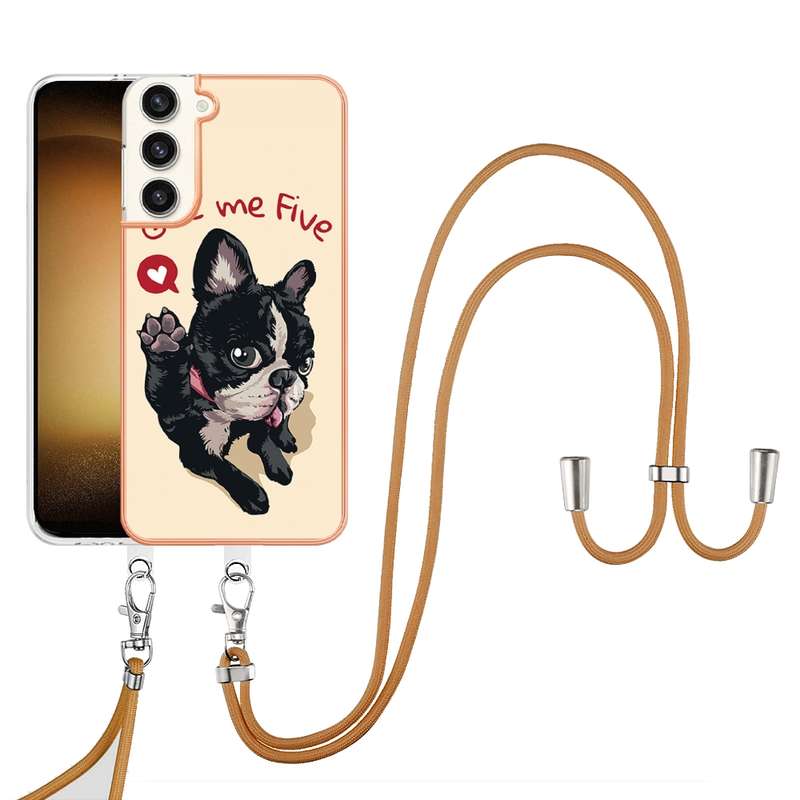 For Samsung Galaxy S23+ 5G Electroplating Dual-side IMD Phone Case with Lanyard(Leopard Print)