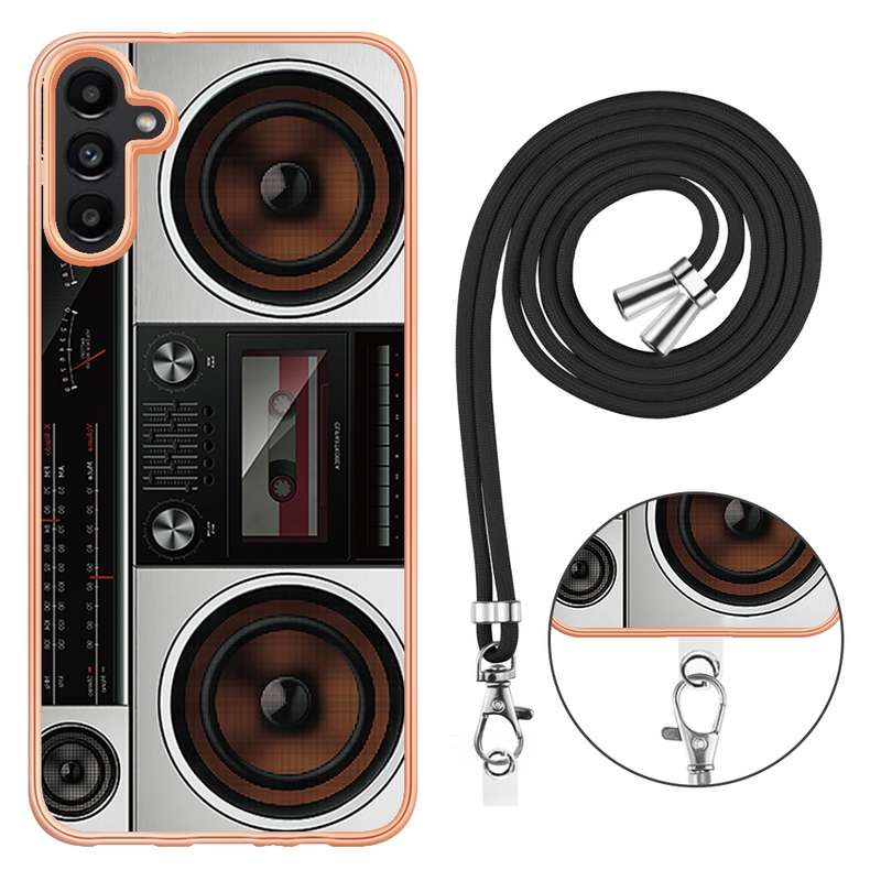 For Samsung Galaxy A35 Electroplating Dual-side IMD Phone Case with Lanyard(Retro Radio)